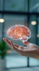 A glowing brain held in a hand, symbolizing creativity, innovation, and advanced thinking in a modern environment.