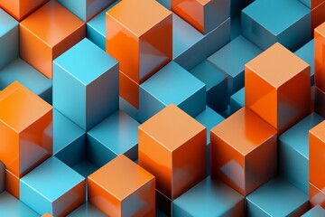 Obraz premium An abstract pattern of interlocking orange and blue cubes, creating a 3D illusion. 