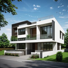 Modern luxury house with a well-manicured lawn..