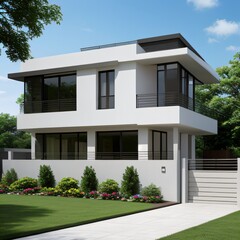 Fototapeta premium Modern luxury house with a well-manicured lawn..