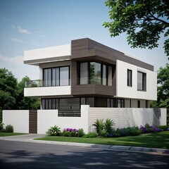 Modern luxury house with a well-manicured lawn..