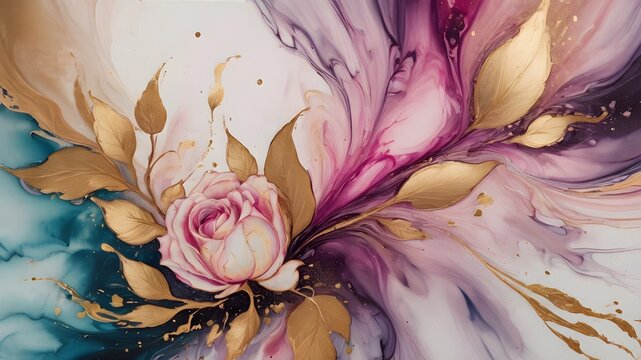 floral pink gold paint art, marble oil watercolor wallpaper. Grunge ink texture. Liquid fluid mix contemporary ,canvas painting 
