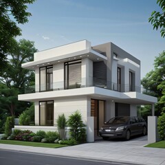 Modern luxury house with a well-manicured lawn..