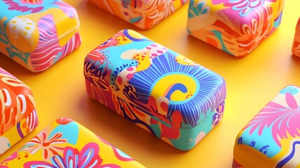 Obraz premium A detailed 3D render of cartoon packaging with bold, stylized graphics, isolated on a solid, contrasting background, the packaging features intricate patterns and vivid colors, with a soft, ambient