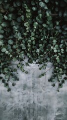Top view of green eucalyptus leaves on concrete surface with copy space
