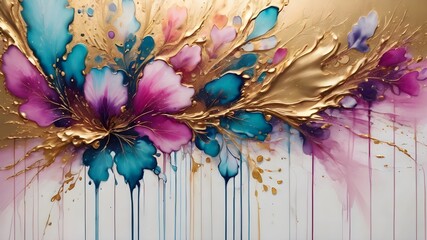 floral pink gold paint art, marble oil watercolor wallpaper. Grunge ink texture. Liquid fluid mix contemporary ,canvas painting 