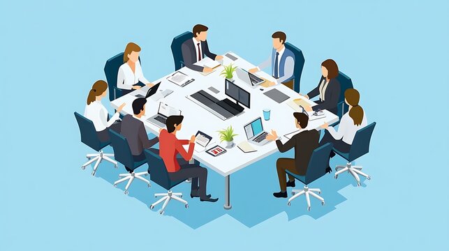 Isometric Business Meeting: Modern Corporate Teamwork Collaboration in Office Environment - Vector Illustration