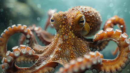 Realistic close up photo of octopus with blue sea background