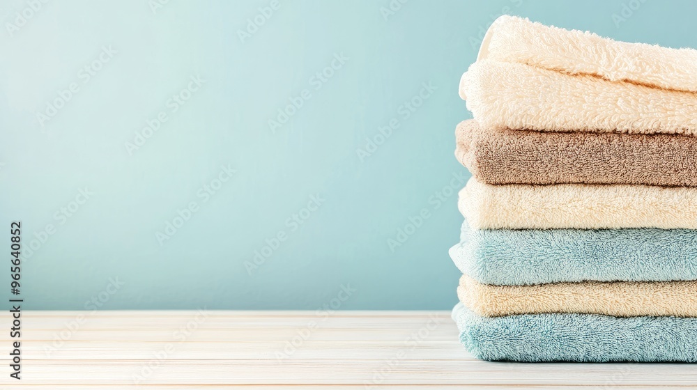 Poster fresh, soft towels in beige and light brown are neatly stacked on a table, offering a clean and mini