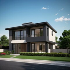 Fototapeta premium Modern luxury house with a well-manicured lawn..