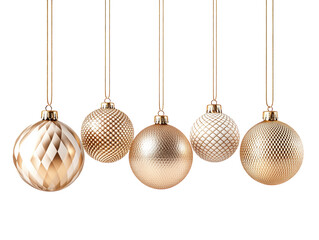 Set of six hanging golden Christmas ornaments in different textures and patterns on a white...