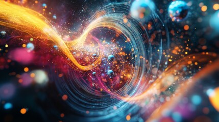 Fototapeta premium A concept art of quantum entanglement with particles connected across distances, abstract and colorful.