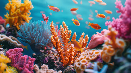 Exotic oceanic colorful fluorescent coral reef with fishes on blue background. Aquarium hobby. Generative AI