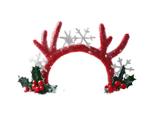 Red reindeer antler headband with snowflake decorations and holly on a white background.  PNG transparent.