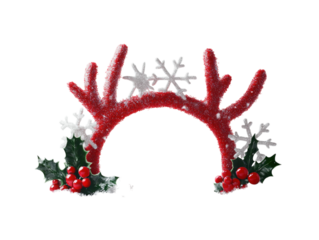 Red reindeer antler headband with snowflake decorations and holly on a white background.  PNG transparent.