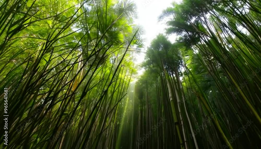 Poster worms eye view of sunlight filtering through dense bamboo grove in forest, casting patterns