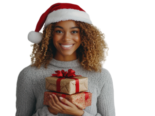 Smiling woman wearing a Santa hat holding a stack of Christmas gifts on a white background. PNG transparent.