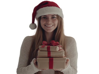 Smiling woman wearing a Santa hat holding a stack of Christmas gifts on a white background. PNG transparent.