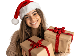 Smiling woman wearing a Santa hat holding a stack of Christmas gifts on a white background.  PNG transparent.