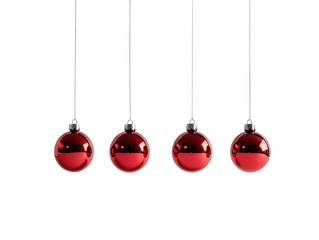 Four red Christmas baubles hanging in a row on a white background.  PNG transparent.
