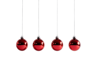 Four red Christmas baubles hanging in a row on a white background.  PNG transparent.