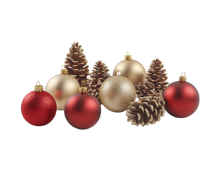 Red and gold Christmas ornaments with pinecones and small gifts arranged on a white background.  PNG transparent.