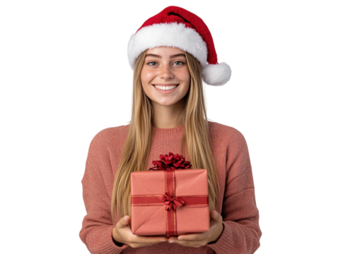 Smiling woman wearing a Santa hat holding a stack of Christmas gifts on a white background.  PNG transparent. - Powered by Adobe