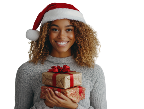 Smiling woman wearing a Santa hat holding a stack of Christmas gifts on a white background.  PNG transparent.