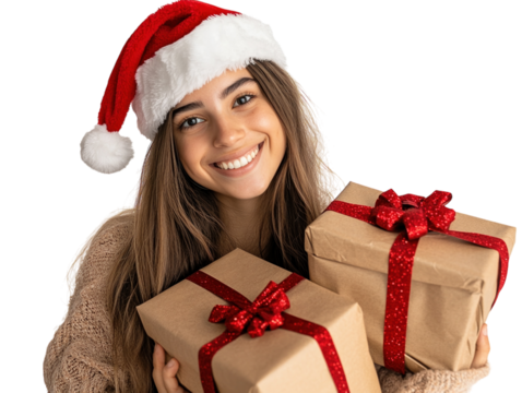 Smiling woman wearing a Santa hat holding a stack of Christmas gifts on a white background. PNG transparent.