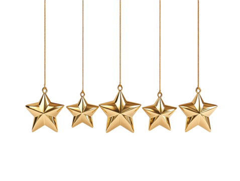 Six golden stars hanging from strings in a row on a white background.  PNG transparent.