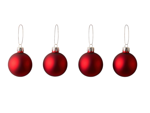 Four red Christmas baubles hanging in a row on a white background.  PNG transparent.