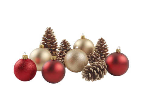 Red and gold Christmas ornaments with pinecones and small gifts arranged on a white background.  PNG transparent.