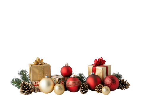 Red and gold Christmas ornaments with pinecones and small gifts arranged on a white background.  PNG transparent.