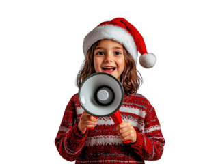 Smiling child in a festive Christmas sweater and Santa hat holding a megaphone on a white background.  PNG transparent.