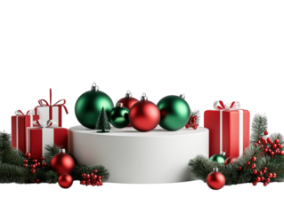 Red and green Christmas ornaments in a round box surrounded by wrapped presents on a white background.  PNG transparent.