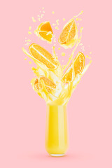 Orange juice in drinking glass with levitate orange pieces, drops, splashes, flows of juice, pink...