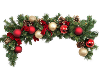 Christmas garland with red and gold ornaments, pine branches, and ribbons on a white background.  PNG transparent.