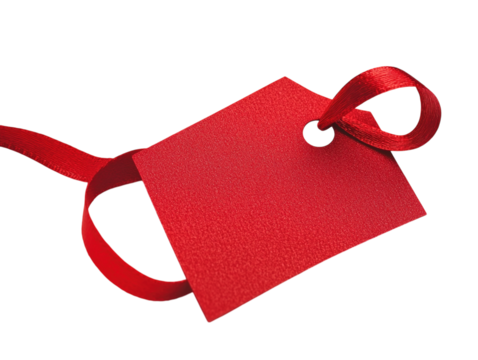 Red gift tag with a curling ribbon attached on a white background.  PNG transparent.