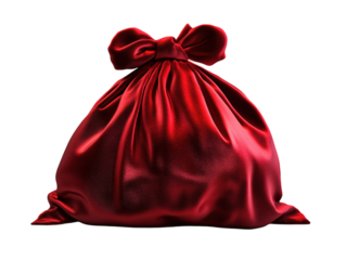 Large red velvet sack for Christmas gifts on a white background.  PNG transparent.