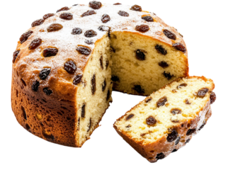 Traditional panettone cake with raisins and a slice cut out on a white background.  PNG transparent.