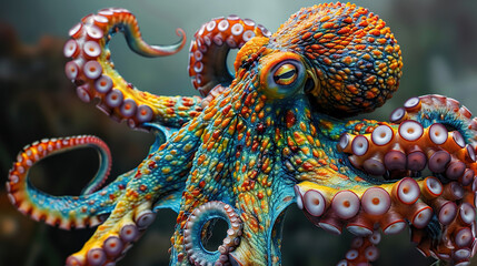 Fototapeta premium close up photo of octopus with colors hyper realistic isolated blue sea background color
