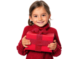 Smiling child in a red sweater hugging a wrapped Christmas gift on a white background.  PNG transparent.