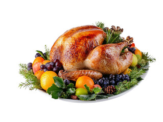 Golden roasted Christmas turkey garnished with fruits and festive decorations on a white background.  PNG transparent.