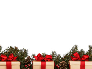Pile of Christmas gifts wrapped in red and green paper with ribbons on a white background.  PNG transparent.