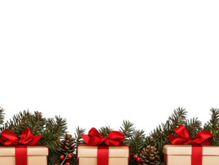 Pile of Christmas gifts wrapped in red and green paper with ribbons on a white background.  PNG transparent.