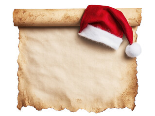 Empty parchment scroll with a red Santa hat draped over the top on a white background.  PNG transparent.