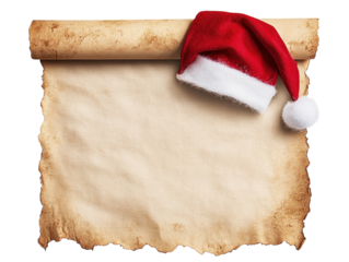 Empty parchment scroll with a red Santa hat draped over the top on a white background. PNG transparent.