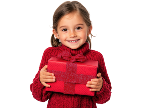 Smiling child in a red sweater hugging a wrapped Christmas gift on a white background.  PNG transparent.