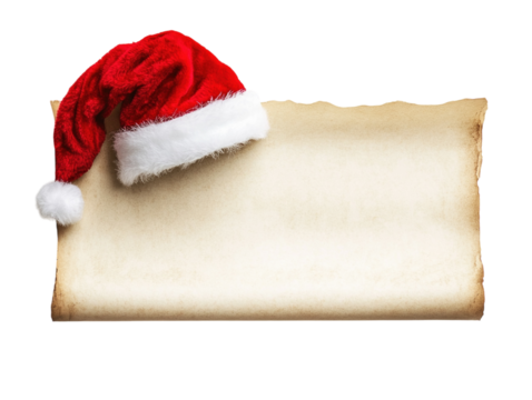 Empty parchment scroll with a red Santa hat draped over the top on a white background.  PNG transparent.
