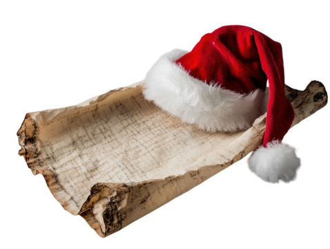 Empty parchment scroll with a red Santa hat draped over the top on a white background.  PNG transparent.